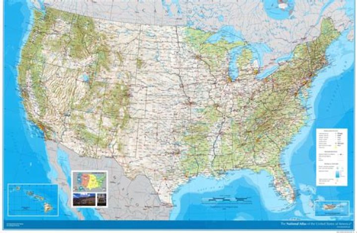 Large detailed road and relief map of the United States. The United